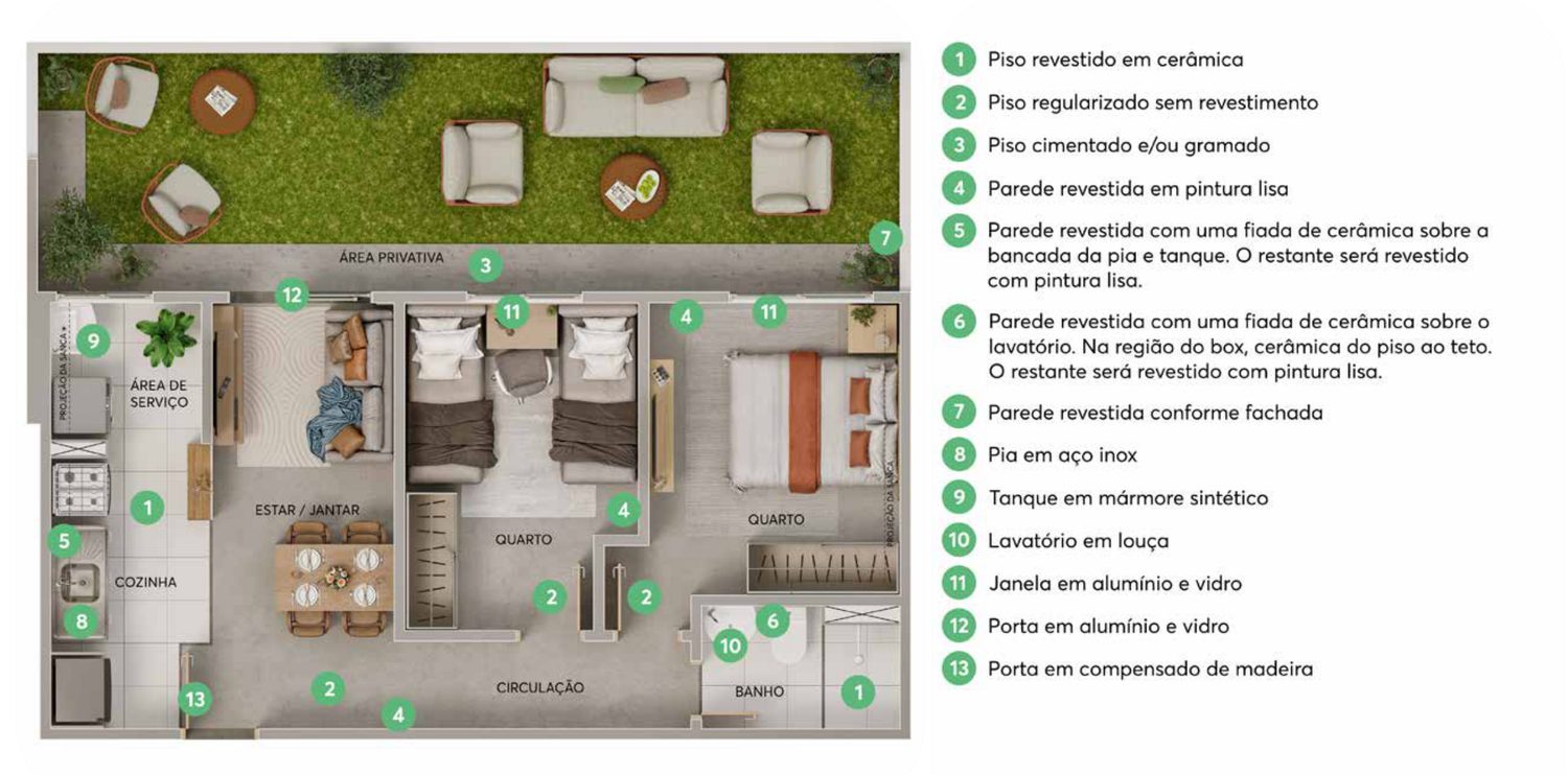 Planta do apartamento térreo de 2 quartos com área privativa do Residencial Tibre Planta do apartamento térreo de 2 quartos com área privativa do Residencial Tibre