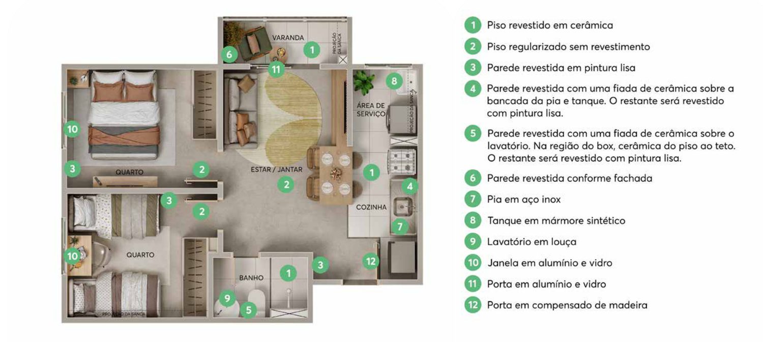 Planta do apartamento de 2 quartos com varanda do Residencial Tibre Planta do apartamento de 2 quartos com varanda do Residencial Tibre